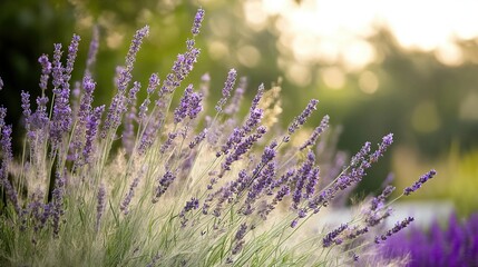 Fototapeta premium Vibrant wild prairie with tall grasses swaying, vibrant lavender blooms adding color to the serene landscape, peaceful and inviting atmosphere