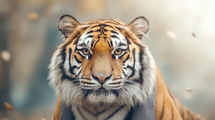 Naklejka premium A majestic tiger wearing a sharply tailored business suit, exuding confidence and power with its striking gaze and sleek, professional appearance.