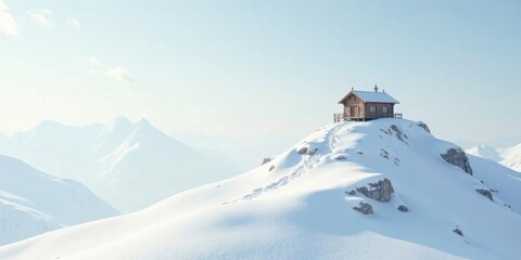 Secluded Wooden Cabin Atop a Snowy Mountain Peak Under a Clear Sky