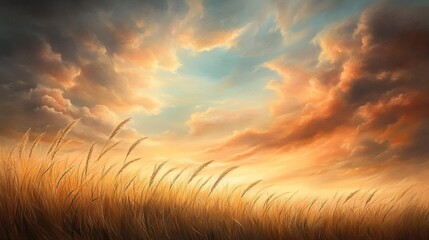 Obraz premium Windblown Prairie Serenity, tall grasses dance beneath a tumultuous sky, evoking a sense of freedom and the beauty of nature's wildness