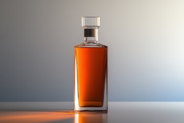 Fototapeta premium Sleek modern liquor bottle exuding elegance with a rich amber liquid against a soft gradient backdrop