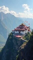 Obraz premium Serene Mountaintop Monastery with Prayer Flags