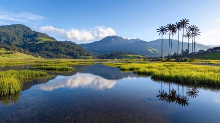 Obraz premium Serene mountain lake with palm trees