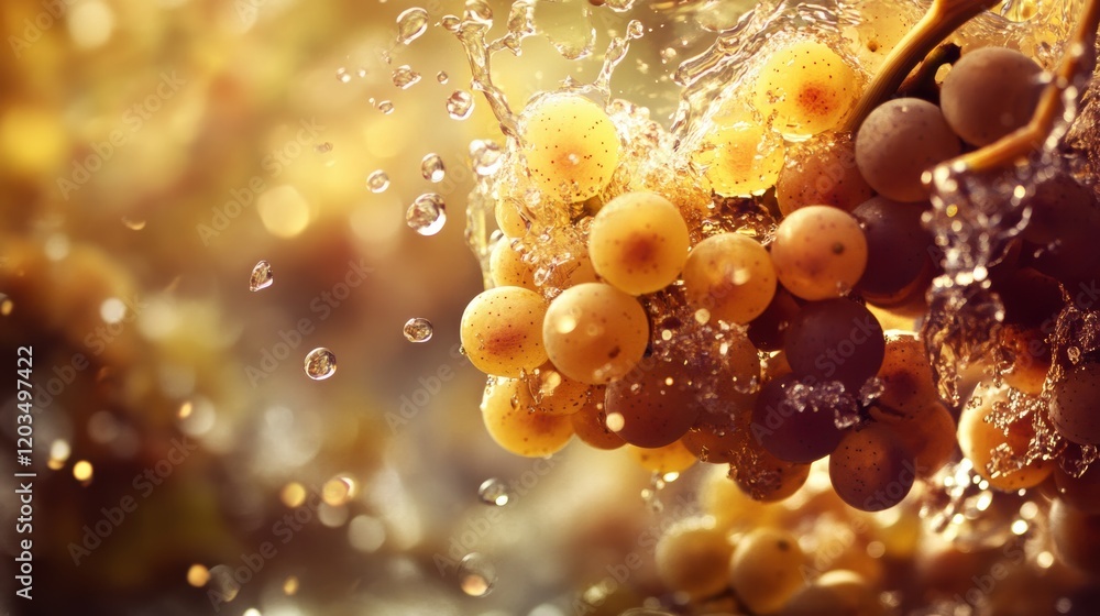 Poster grapes splashing in water with bright sunlight creating a vibrant and refreshing atmosphere