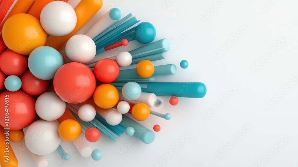 Poster a vibrant assortment of 3d shapes in dynamic colors, showcasing spherical and cylindrical forms, cre