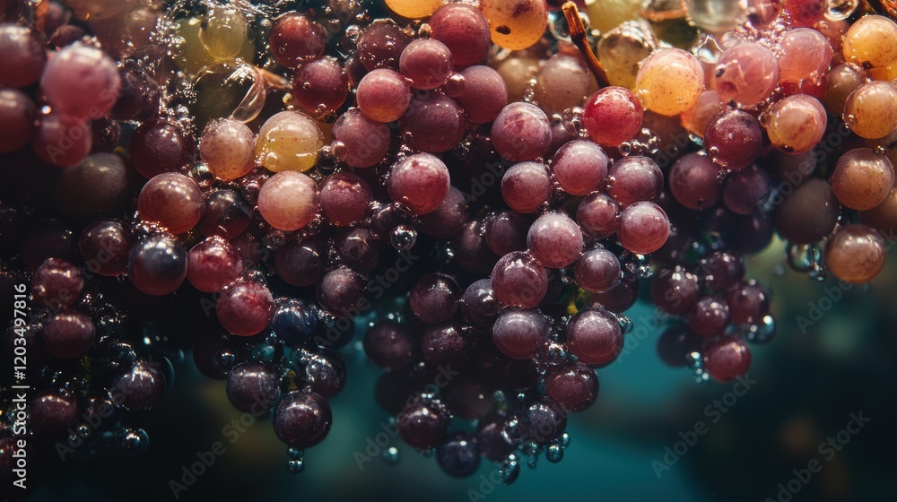 Poster bunches of grapes submerged in water creating bubbles in a clear environment during daytime