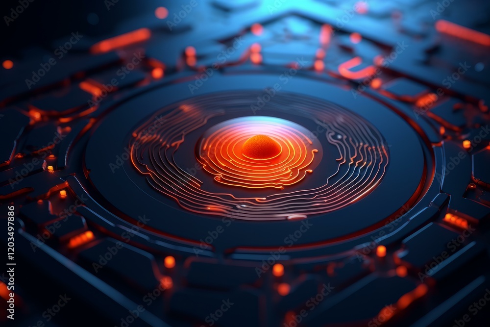 Poster circular device with glowing orange core emanating energy, surrounded by intricate circuitry in a te