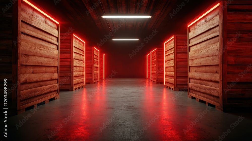 Poster An artistic interpretation of an indoor space featuring red accent lighting on wooden structures, creating an inviting yet modern atmosphere for photography.