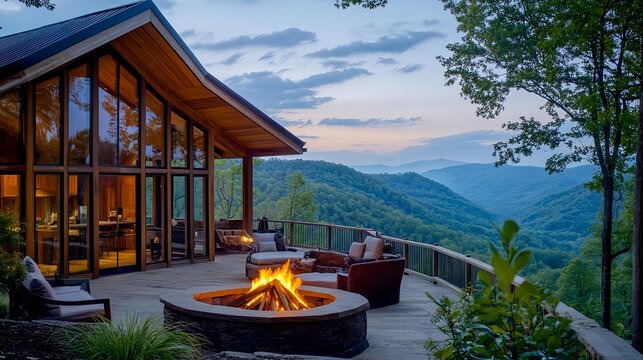 mountain cabin fire pit deck sunset view - relaxation/wellness