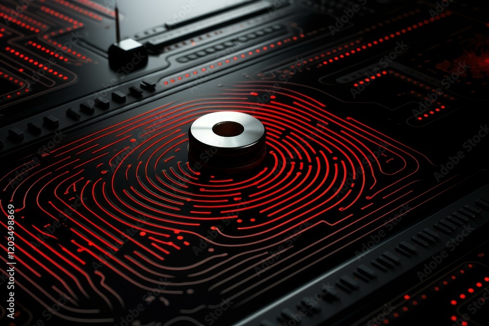 Poster metallic qubit processing quantum information on a futuristic circuit board with red glowing lines, 