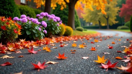 Autumnal Pathway Fallen Leaves Adorn a Residential Street, Flanked by Vibrant Blooms