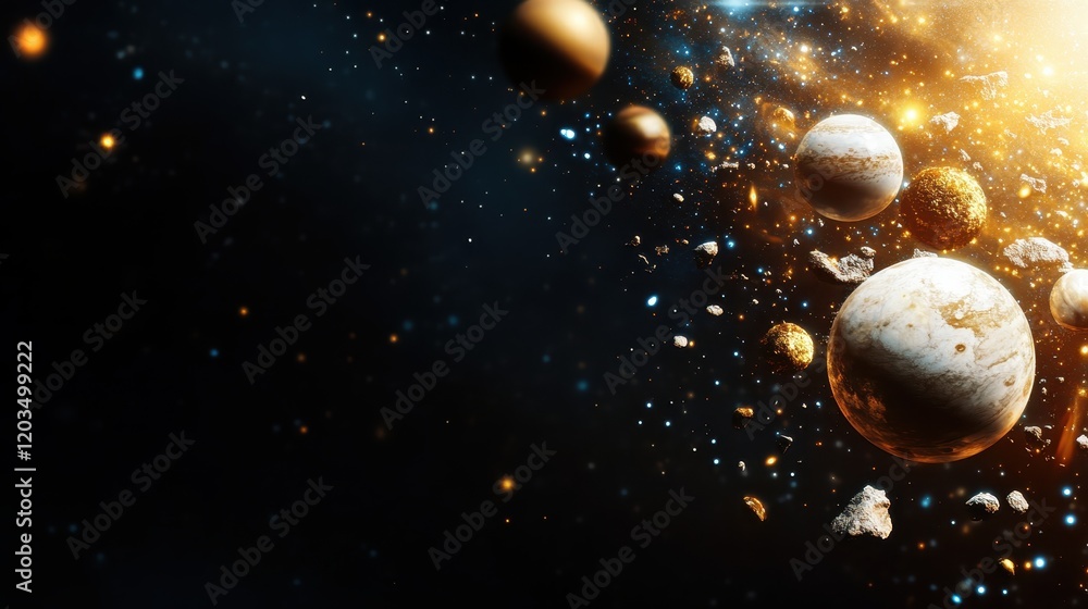 Poster a captivating cosmic scene filled with dynamic celestial bodies and a stunning light flare, creating