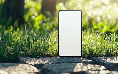 A premium smartphone with a large blank display, standing upright on a stone surface with fresh green grass behind