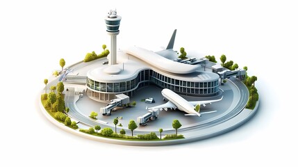 Detailed Model of a Modern Airport with Control Tower, Terminals, and Aircraft in a Minimalistic Style, Featuring Ground Support Equipment and Scenic Landscape Elements