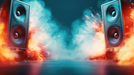 Featuring powerful speakers surrounded by explosive sound waves, this image represents the excitement and energy of music and audio technology in a modern setting.