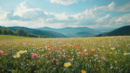 Fototapeta premium A serene meadow showcases a tapestry of blooming flowers, vibrant and alive, stretching towards rolling hills. Gentle clouds dance in the sky during a warm afternoon, enhancing the tranquil beauty