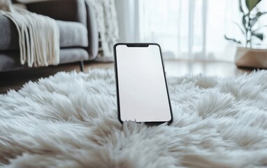 A premium smartphone with a large blank display, lying on a fluffy white rug in a cozy bohemian-style room