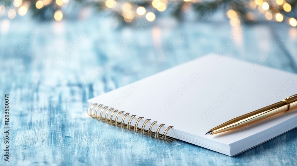 Poster a serene image of a blank notebook and a golden pen placed on a rustic wooden table, inviting creati