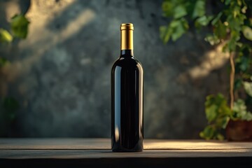 Elegant wine bottle with gold foil capsule displayed against a textured backdrop