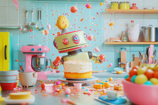 Ein ungeschickter, futuristischer Roboterkoch in einer bunten K&uuml;che versucht, einen Kuchen zu backen, w&auml;hrend er Zutaten in alle Richtungen versch&uuml;ttet. Die Szene ist chaotisch und humorvoll
