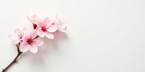 Obraz premium Delicate Pink Blossoms on a Branch Against a Clean White Background, Perfect for Springtime Designs or Greeting Cards