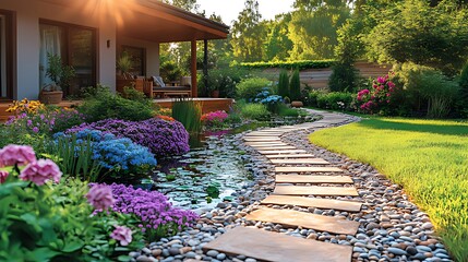 Sunlit garden path, stone walkway, house, landscaping, flowers, design, summer, backyard, home