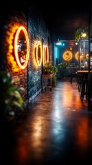 Obraz premium Warm glowing lights illuminate stylish industrial bar interior. AI Generated