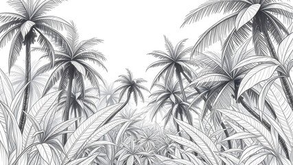 Tropical forest black and white rough lines and no fading and no shading pencil sketch for a wall design only the outlines. Generative AI