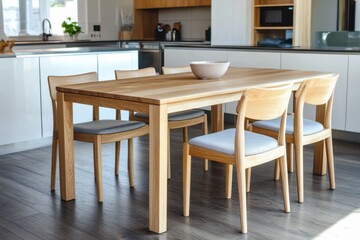 Modern dining room with wooden table and comfortable chairs in a bright kitchen setting