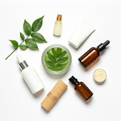 Obraz premium Natural Skin Care Products with Green Leaves on White Background