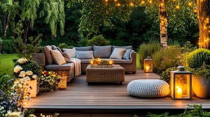 serene evening patio: wicker furniture & lights - warm lighting & a.