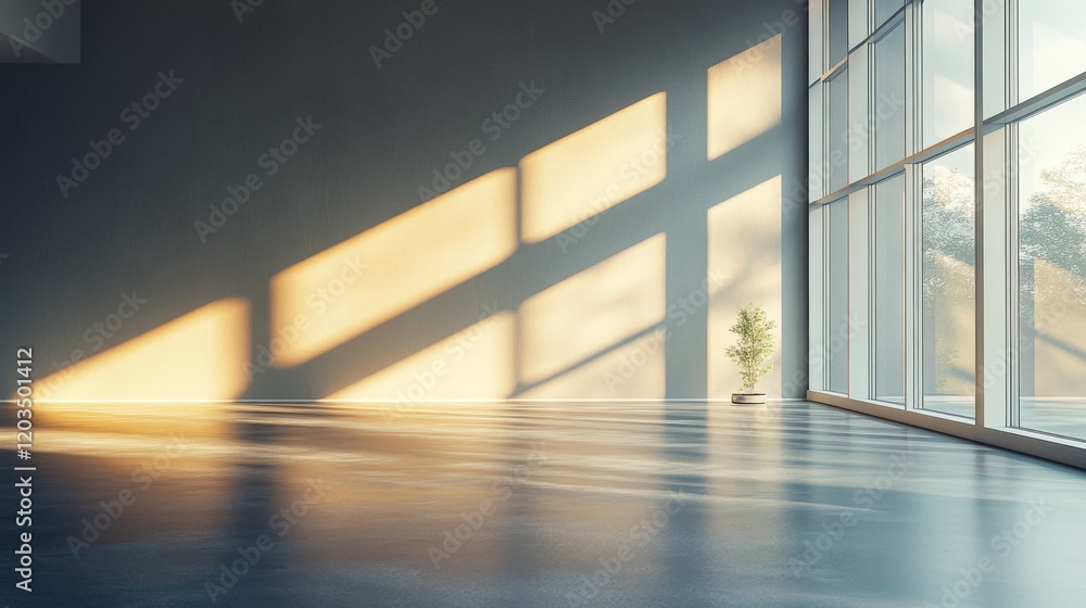 Poster sunlight streams through modern minimalist space with a potted plant creating a serene and inviting 