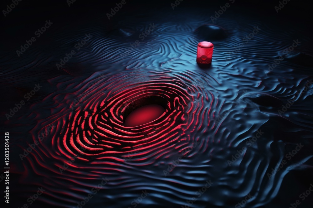 Poster topography illuminated by red and blue neon light creating concentric circles around a hole