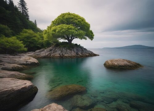 A lone tree on a small island in a vast body of water - Powered by Adobe
