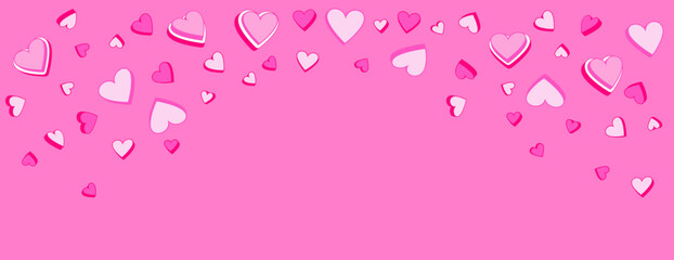 Playful Valentine's Day background featuring layered pink and white hearts scattered on a vibrant pink backdrop. Perfect for greeting cards, banners, invitations, and festive designs.