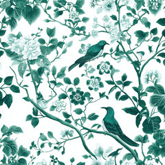 Elegant floral wallpaper design featuring birds and greenery in teal tones