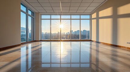 Fototapeta premium A luminous office space bathed in golden sunlight showcasing a city view and a glossy reflection on the marble floor creating an inviting atmosphere