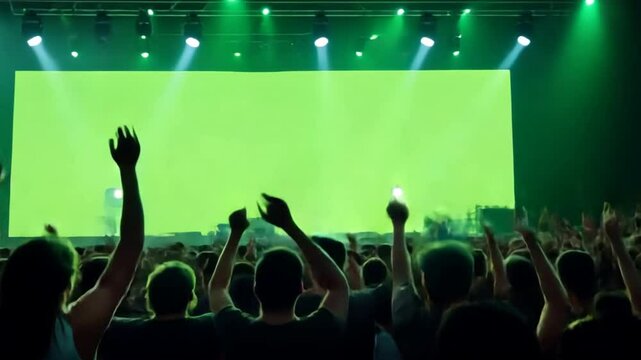 A Night of Euphoria:  Silhouettes of an ecstatic crowd revel in the vibrant energy of a live music performance, their raised hands reaching towards the glowing green screen.