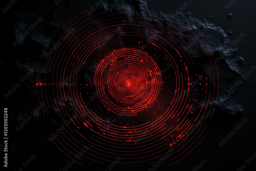 Poster concentric circles emanating red energy and particles on a dark textured background, creating a capt