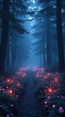 Serene Twilight Forest with Glowing Flowers