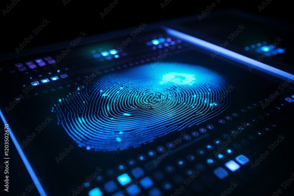 Poster glowing blue fingerprint being scanned on futuristic device, ensuring secure access and data protect
