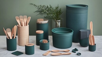Modern Kitchen Utensil Storage Set Green and Wooden