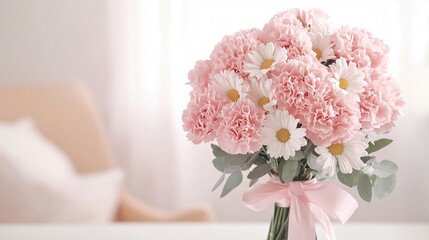 Cheerful bouquet of pink carnations and daisies with a soft ribbon