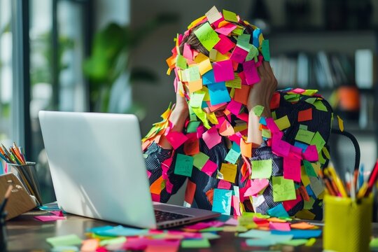 A person overwhelmed with colorful sticky notes covering their entire body and desk, seated in front of a laptop. Perfect for themes of stress, productivity, or office humor.