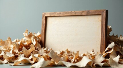 Blank Wooden Frame Amidst Wood Shavings, Rustic Setting for Announcement or Message