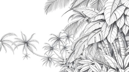 Tropical forest black and white rough lines and no fading and no shading pencil sketch for a wall design only the outlines. Generative AI