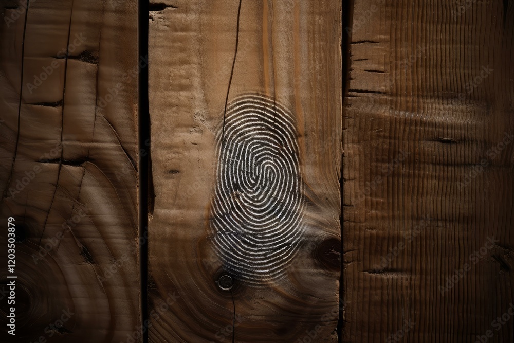 Poster fingerprint engraved on wooden planks, highlighting the unique patterns and textures of both