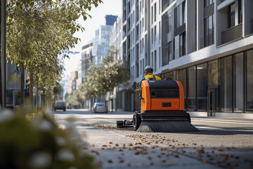 Fototapeta premium Street sweeper operating a compact vacuum machine along a modern city street.