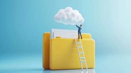 Folder with files update,Cloud data storage organization and file management,Tiny people add digital document to big open folder,remote folder, upload and download data in cloud online,refresh data.
