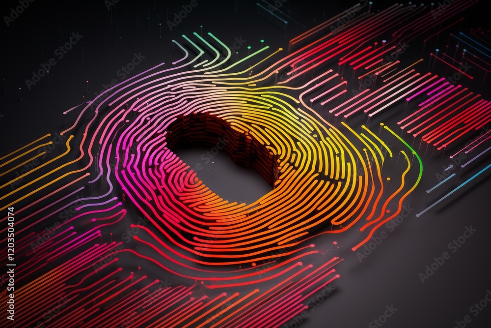 Poster futuristic concept of a colorful fingerprint merging with a circuit board, symbolizing digital ident